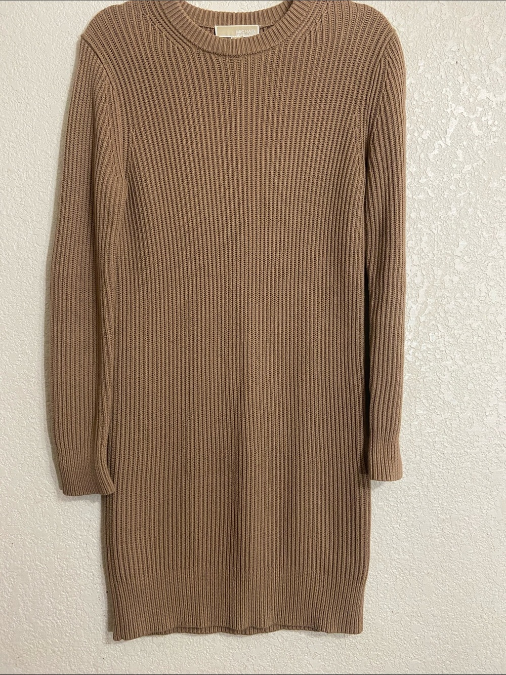 Micheal Kors Ribbed Midi Sweater Dress in Tan